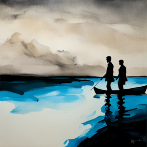 Two men stand in a canoe looking out over blue and black water