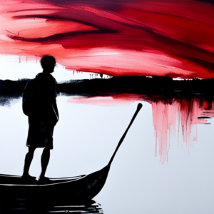 Man stands in a canoe looking out over water with a red sky